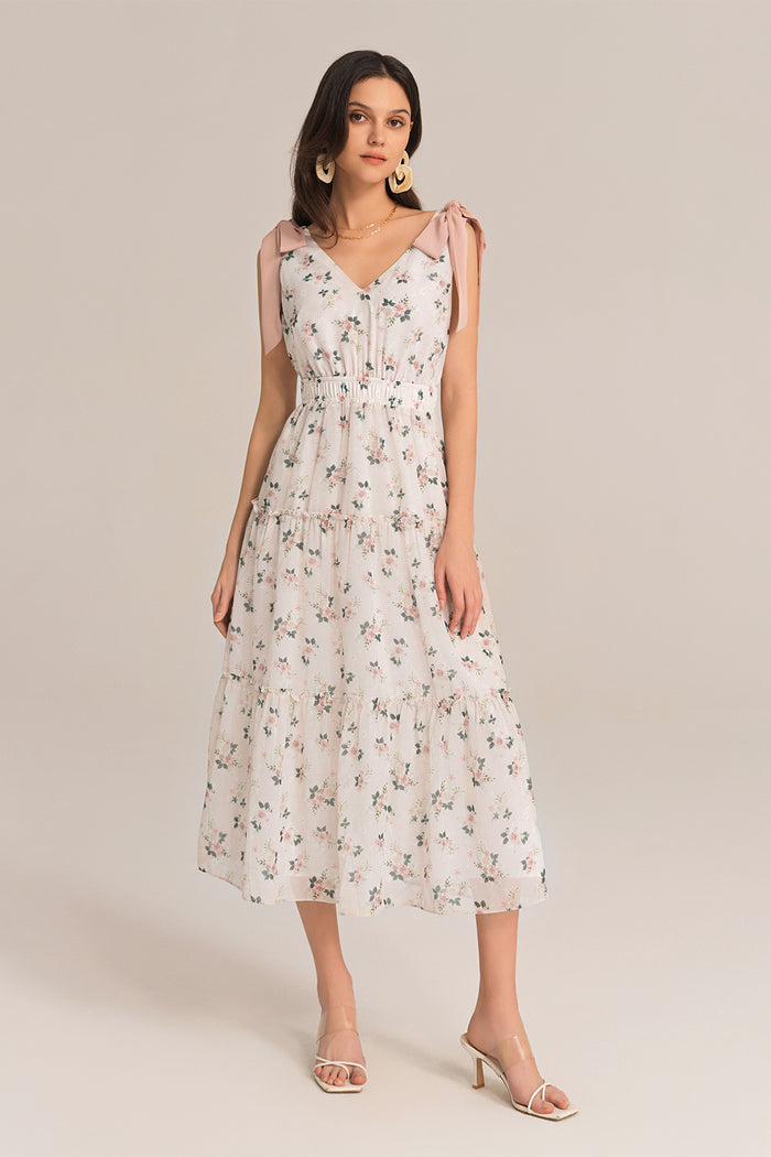 grace karin V-Neck Sleeveless Elastic Waist Tiered Flared Floral Midi Dress - Pink