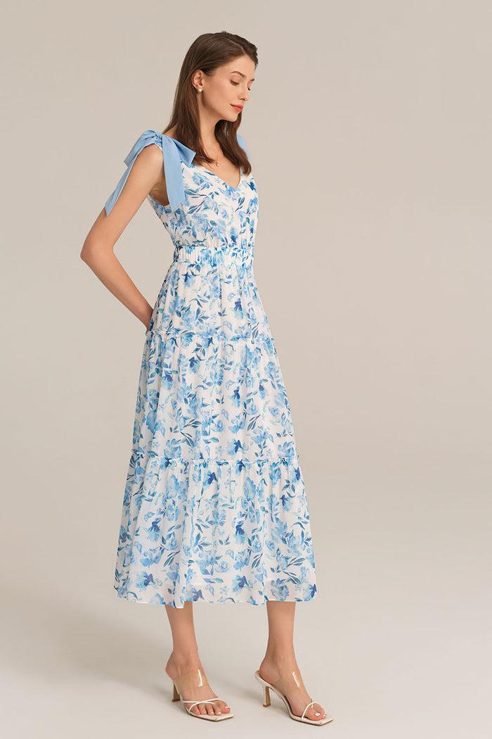 Grace Karin V-Neck Sleeveless Elastic Waist Tiered Flared Floral Midi Dress - Blue