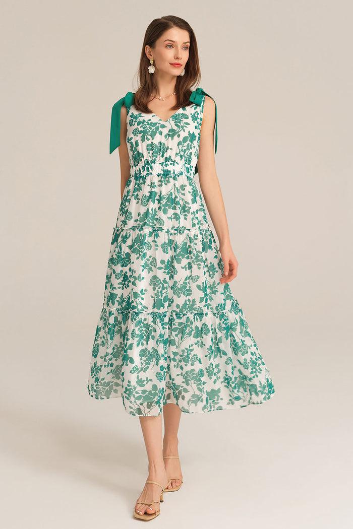 grace karin V-Neck Sleeveless Elastic Waist Tiered Flared Floral Midi Dress - Green
