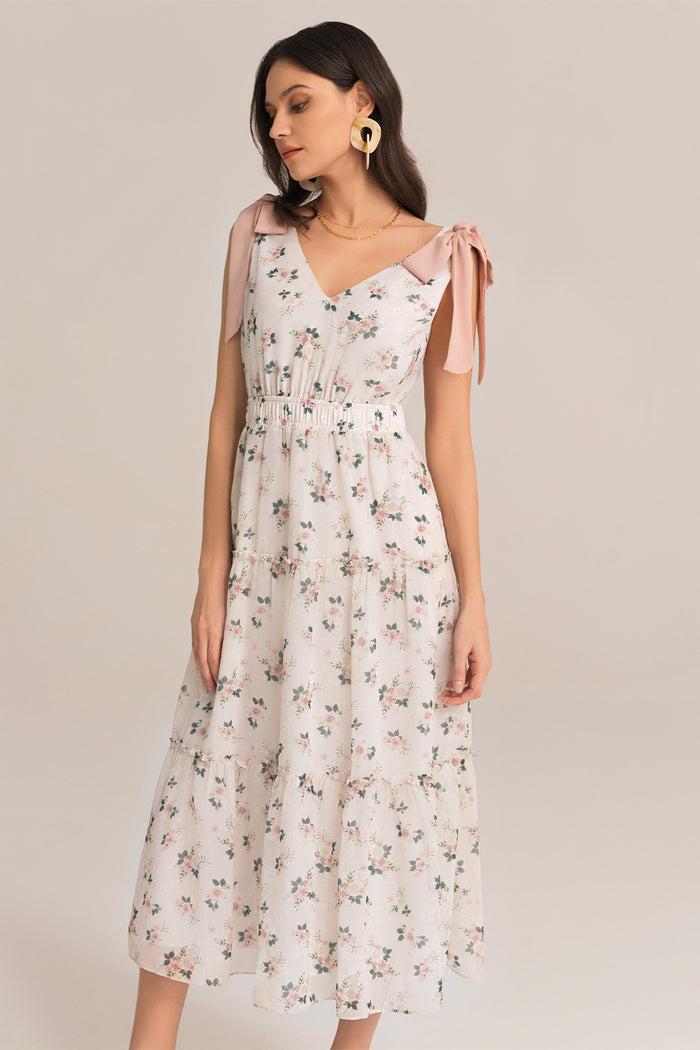 Grace Karin V-Neck Sleeveless Elastic Waist Tiered Flared Floral Midi Dress - Pink