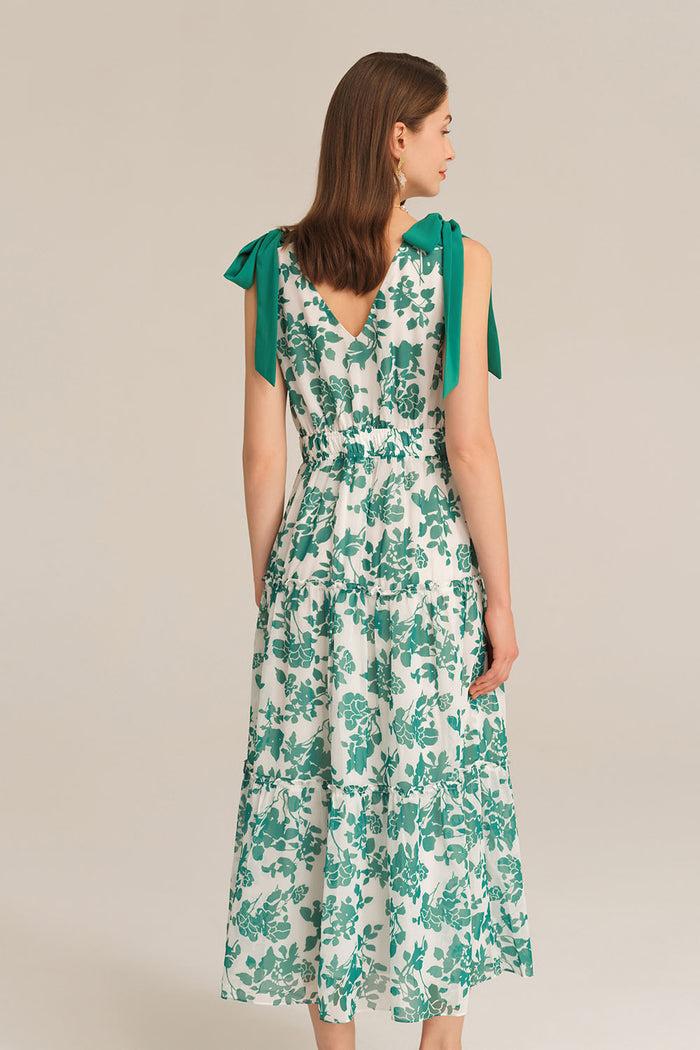 Grace Karin V-Neck Sleeveless Elastic Waist Tiered Flared Floral Midi Dress - Green