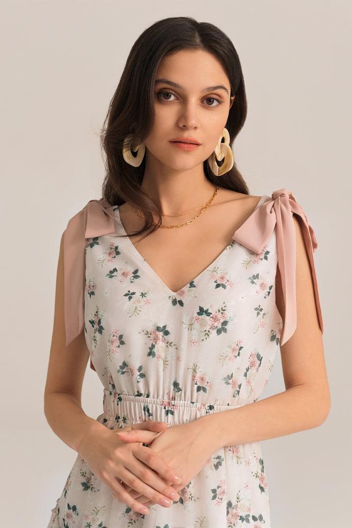 Grace Karin V-Neck Sleeveless Elastic Waist Tiered Flared Floral Midi Dress - Pink