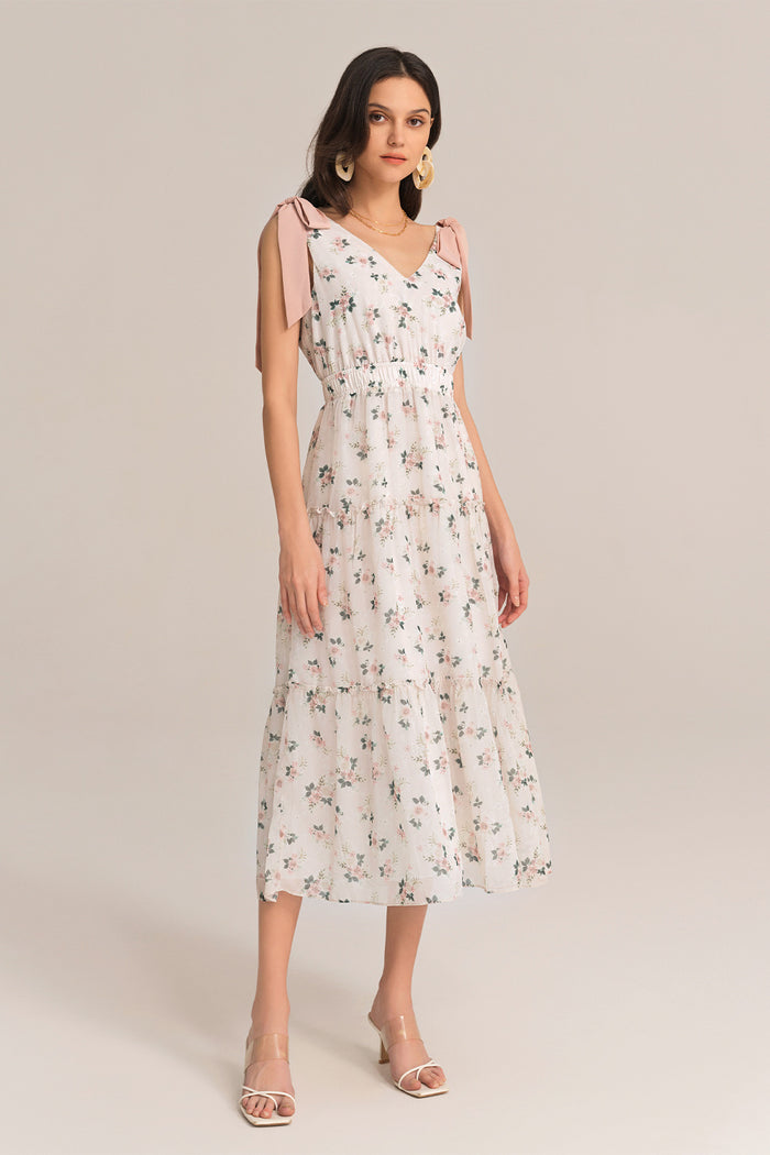 Grace Karin V-Neck Sleeveless Elastic Waist Tiered Flared Floral Midi Dress - Pink