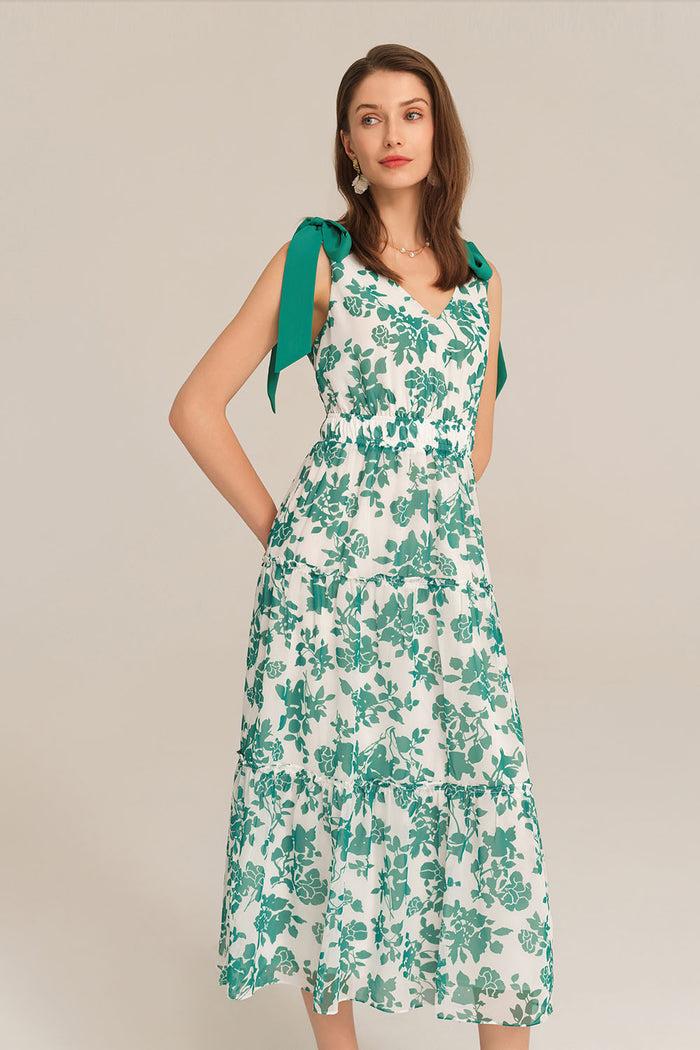 Grace Karin V-Neck Sleeveless Elastic Waist Tiered Flared Floral Midi Dress - Green