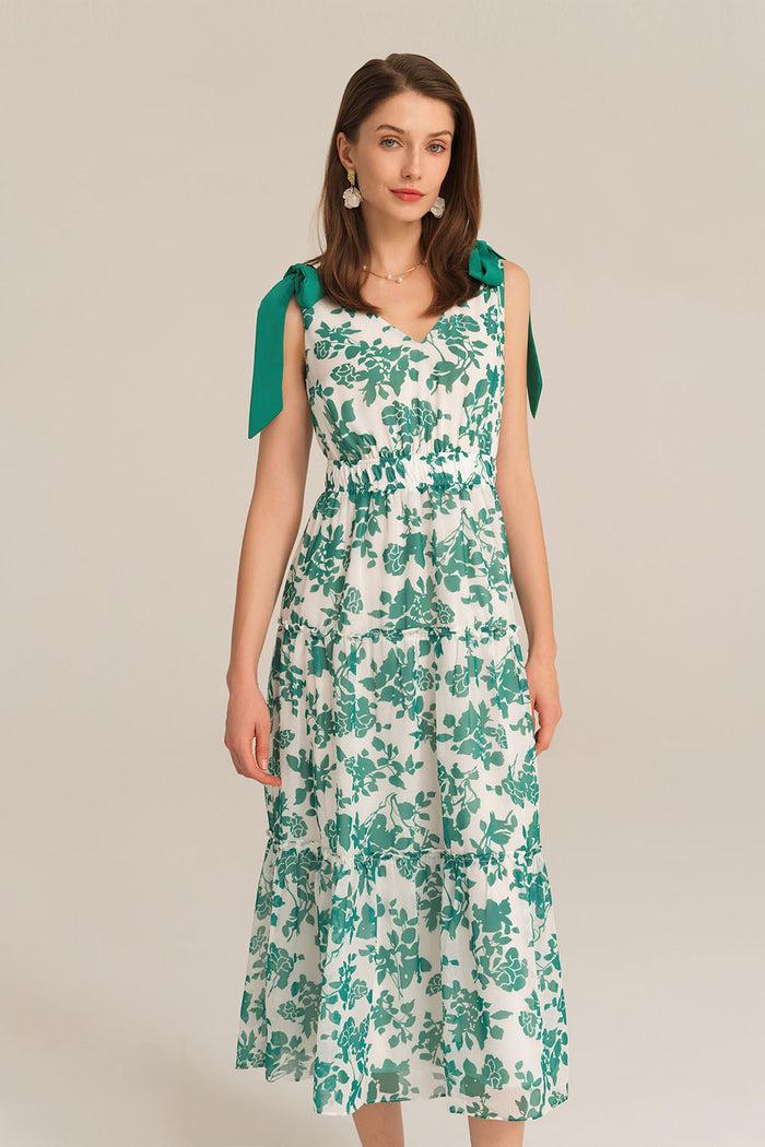 Grace Karin V-Neck Sleeveless Elastic Waist Tiered Flared Floral Midi Dress - Green