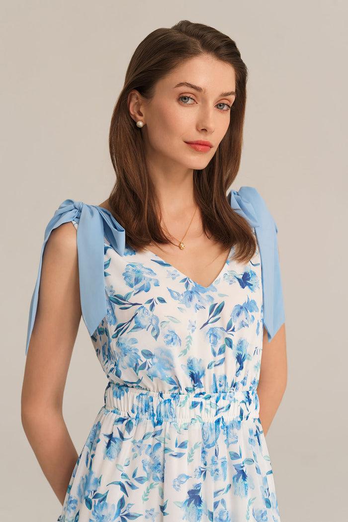 Grace Karin V-Neck Sleeveless Elastic Waist Tiered Flared Floral Midi Dress - Blue
