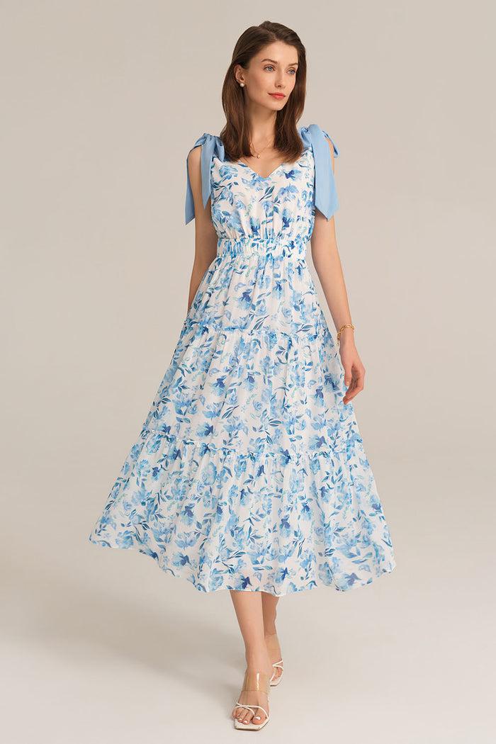 Grace Karin V-Neck Sleeveless Elastic Waist Tiered Flared Floral Midi Dress - Blue