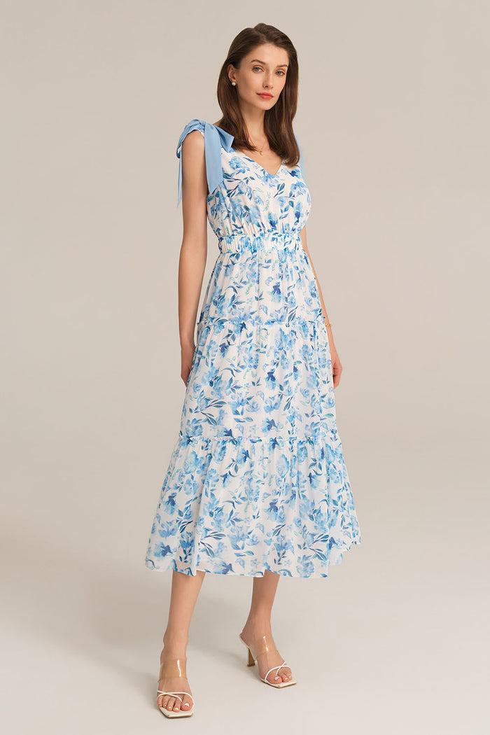 grace karin V-Neck Sleeveless Elastic Waist Tiered Flared Floral Midi Dress - Blue