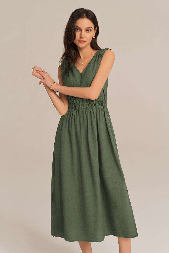Grace Karin V-Neck Sleeveless Side Slit Elastic Waist A-Line Midi Dress - Green