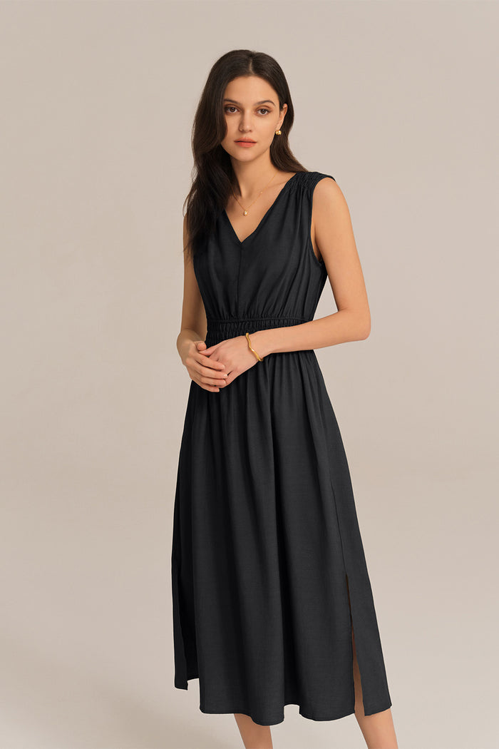 Grace Karin V-Neck Sleeveless Side Slit Elastic Waist A-Line Midi Dress - Black