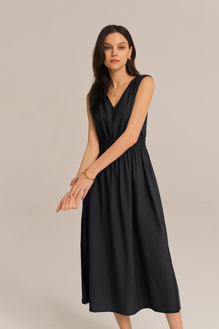 Grace Karin V-Neck Sleeveless Side Slit Elastic Waist A-Line Midi Dress - Black