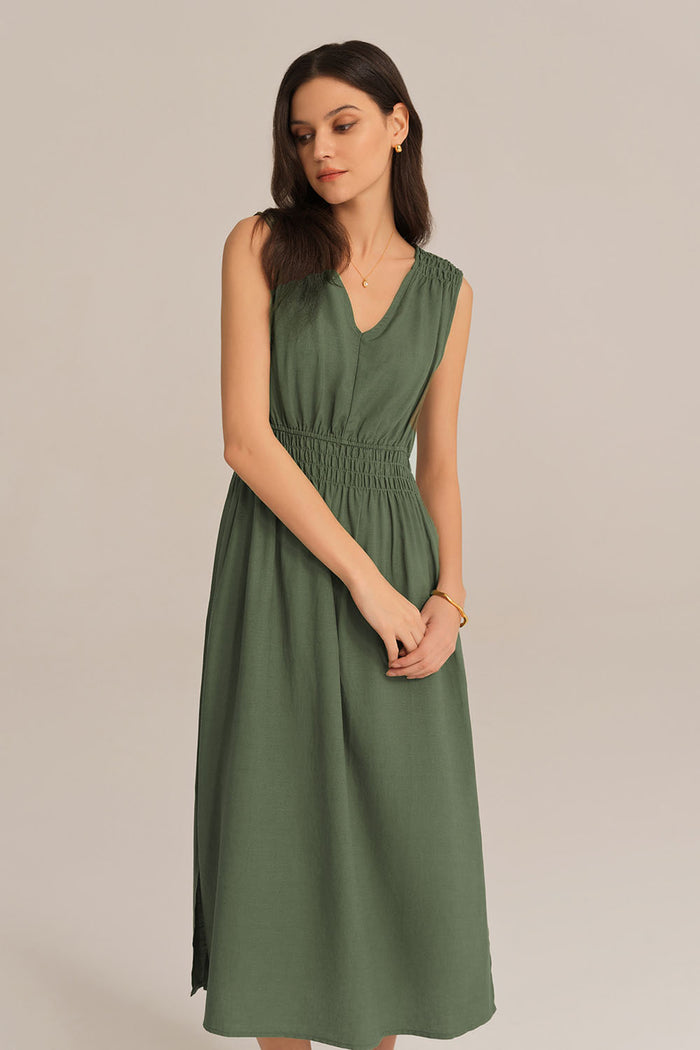 Grace Karin V-Neck Sleeveless Side Slit Elastic Waist A-Line Midi Dress - Green
