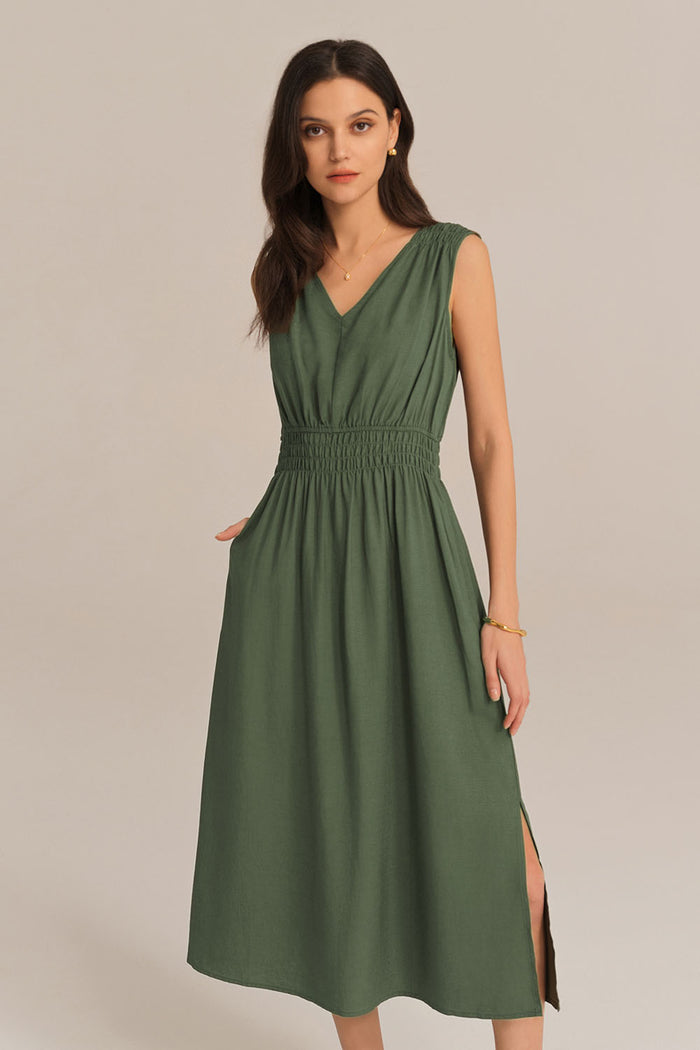 Grace Karin V-Neck Sleeveless Side Slit Elastic Waist A-Line Midi Dress - Green