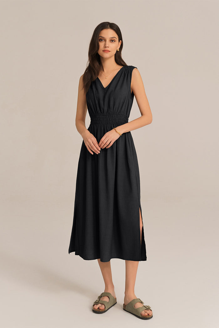 Grace Karin V-Neck Sleeveless Side Slit Elastic Waist A-Line Midi Dress - Black