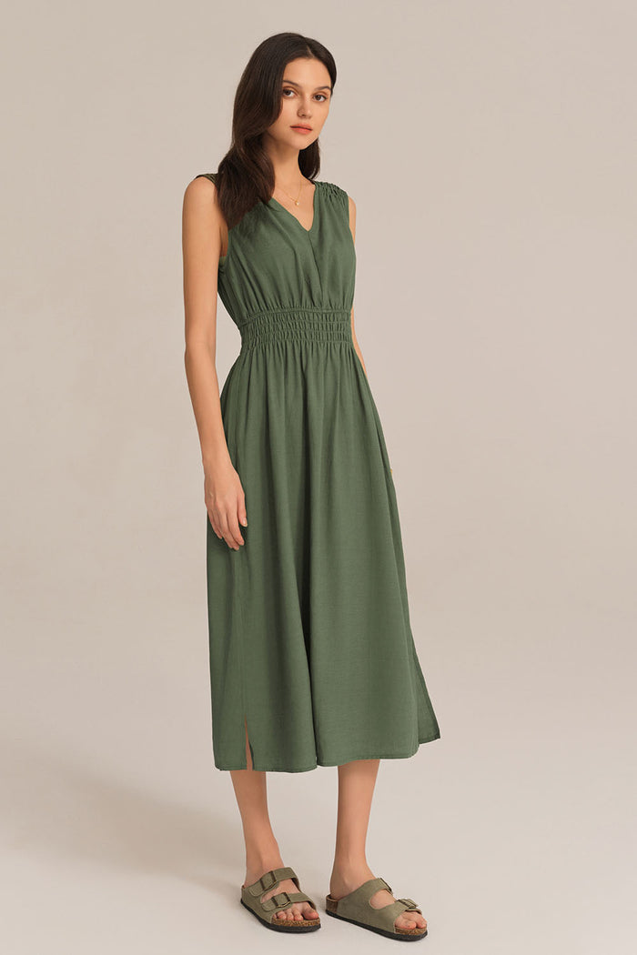 grace karin V-Neck Sleeveless Side Slit Elastic Waist A-Line Midi Dress - Green