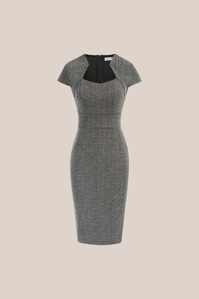 Grace Karin Vintage Tweed Defined Waist Hips-Wrapped Dress - Gray