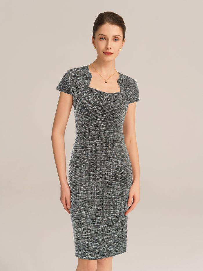 Grace Karin Vintage Tweed Defined Waist Hips-Wrapped Dress - Gray
