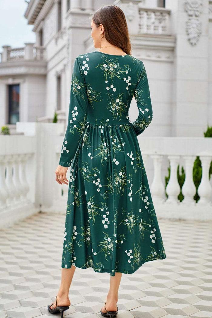 Grace Karin Women Ruched Maxi Dress Casual Long Sleeve Square V-Neck Flared A-Line Dress