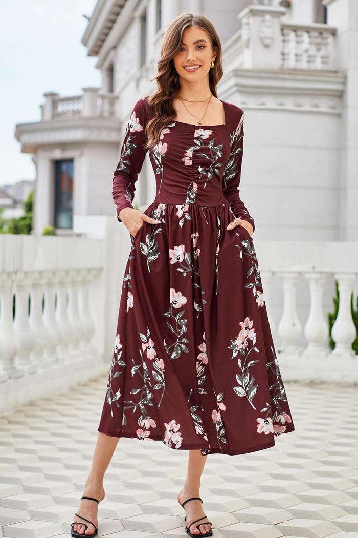 Grace Karin Women Ruched Maxi Dress Casual Long Sleeve Square V-Neck Flared A-Line Dress