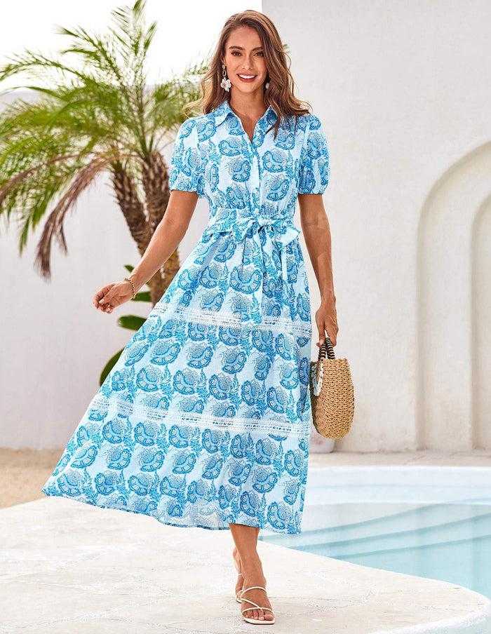 Grace Karin Women's Shirt Collar Short Sleeve Elastic Waist A-Line Dress