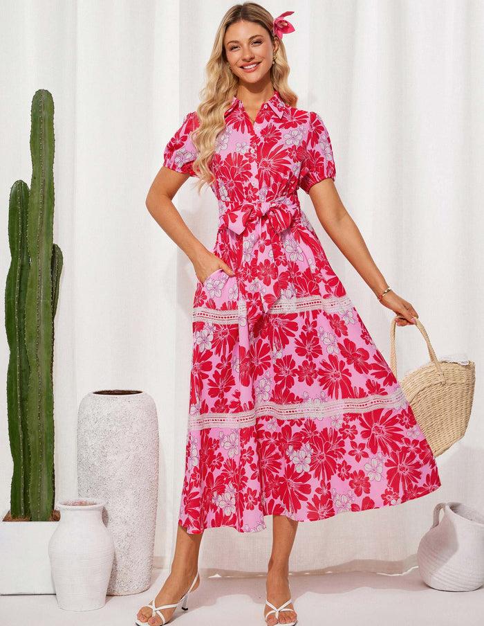 Grace Karin Women's Shirt Collar Short Sleeve Elastic Waist A-Line Dress