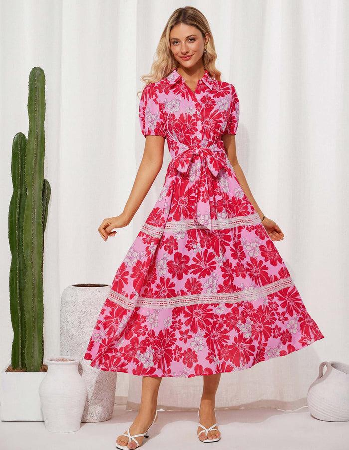 Grace Karin Women's Shirt Collar Short Sleeve Elastic Waist A-Line Dress