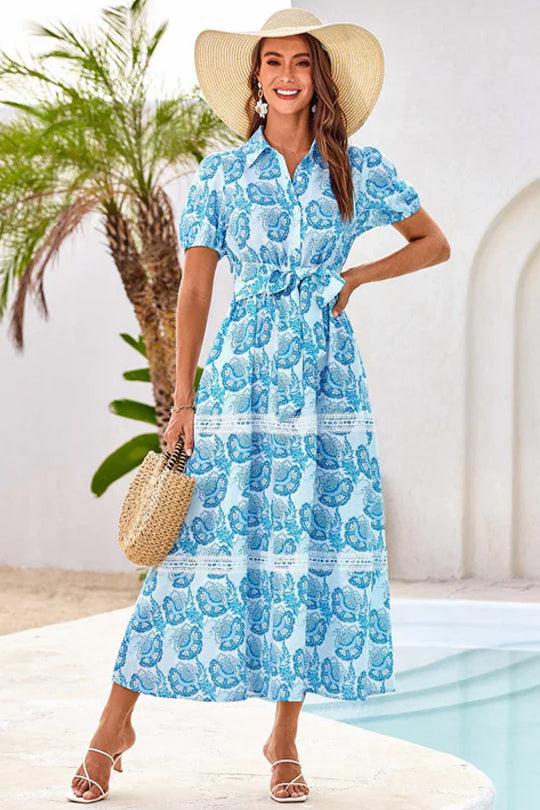 grace karin Women's Shirt Collar Short Sleeve Elastic Waist A-Line Dress