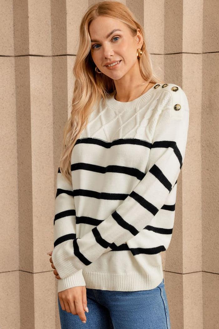 Grace Karin Women's Striped Crew Neck Cable Knit Button Pullover Sweater Tops