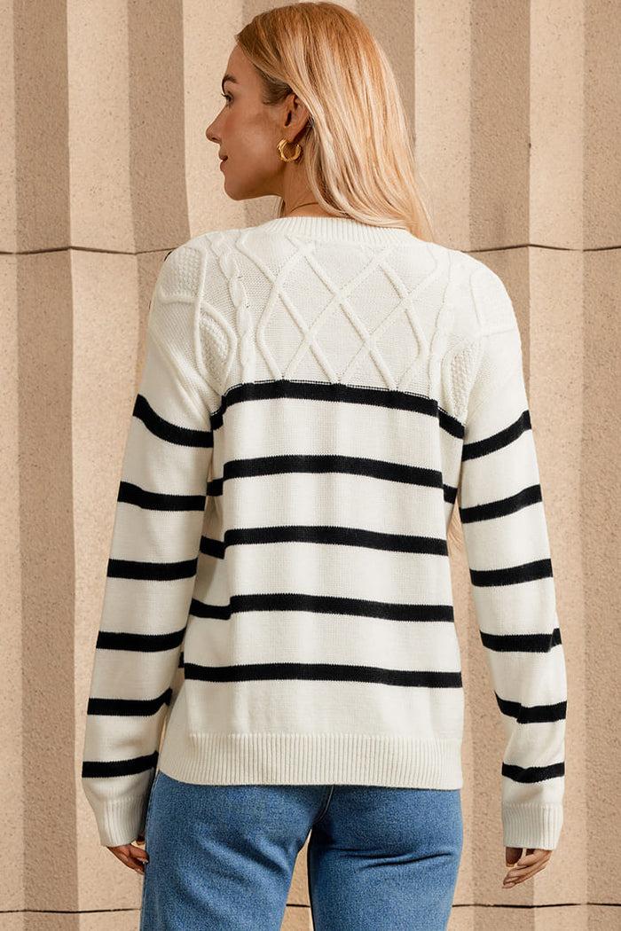 Grace Karin Women's Striped Crew Neck Cable Knit Button Pullover Sweater Tops