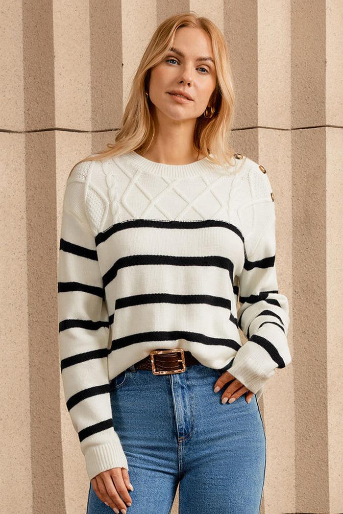 grace karin Women's Striped Crew Neck Cable Knit Button Pullover Sweater Tops