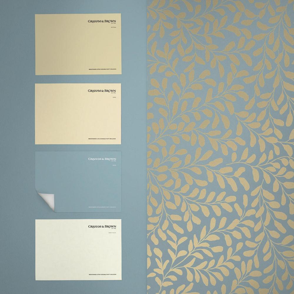 Graham & Brown Gilded Leaf Sky Blue & Pale Gold Wallpaper
