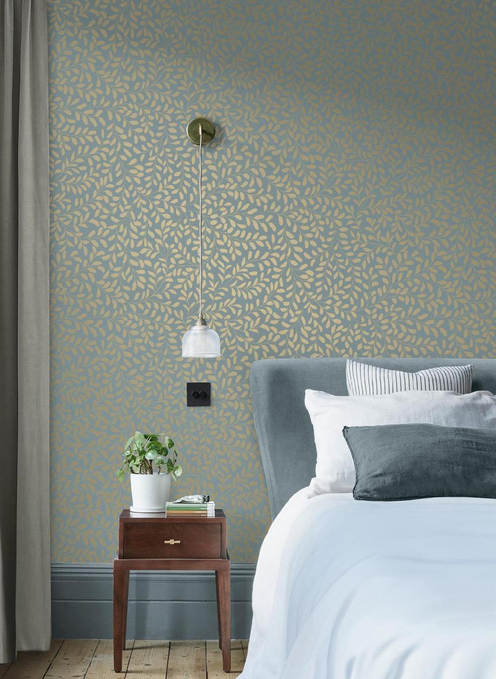 graham & brown Gilded Leaf Sky Blue & Pale Gold Wallpaper