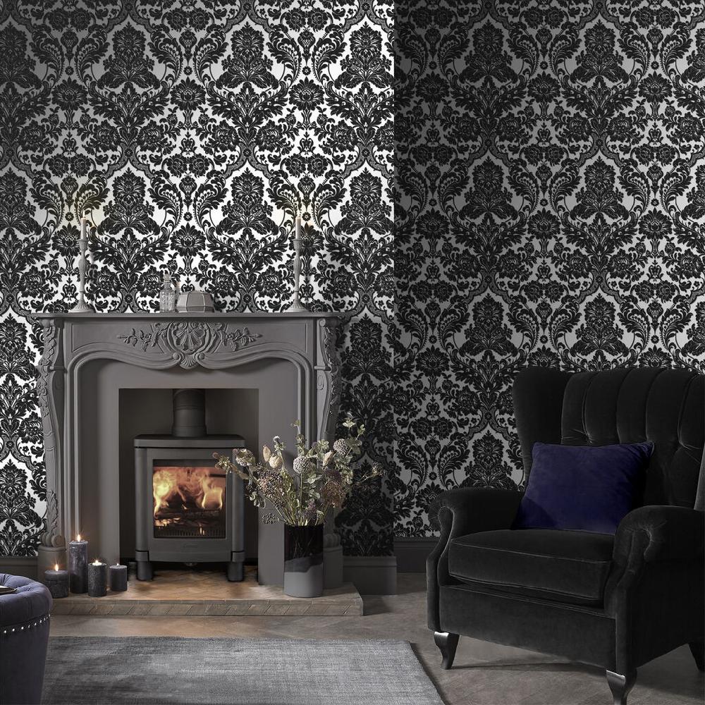 graham & brown Gothic Damask Flock Black & Silver Wallpaper