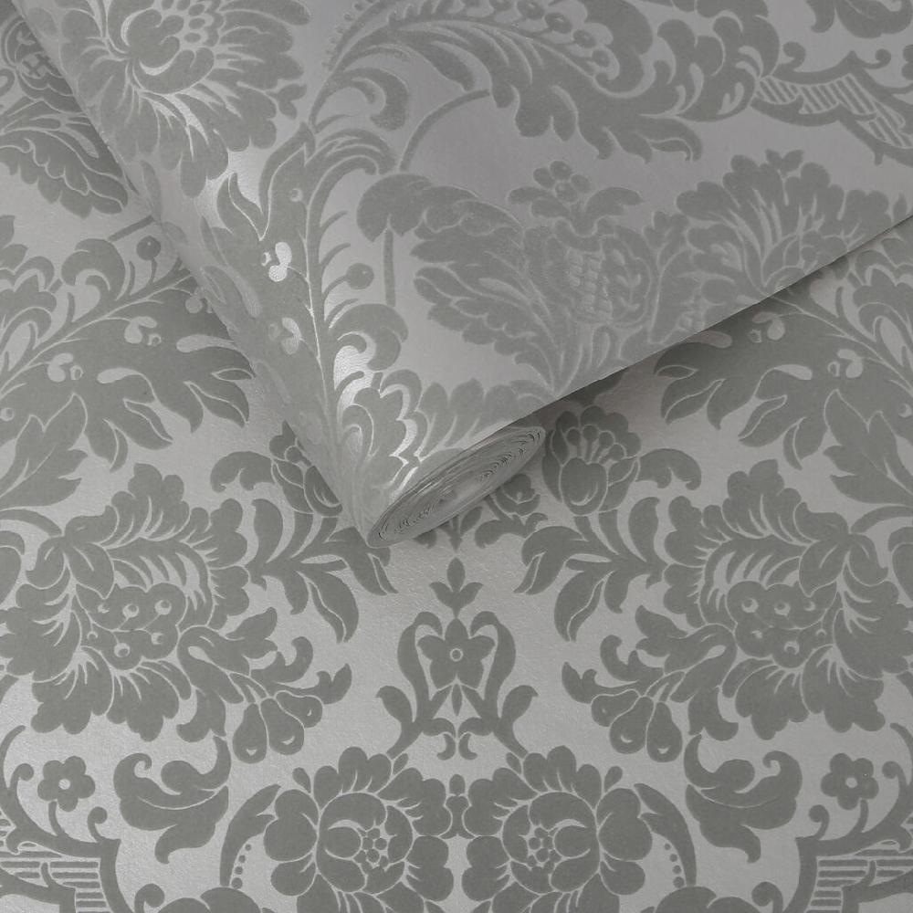 Graham & Brown Gothic Damask Flock Gray & Silver Wallpaper