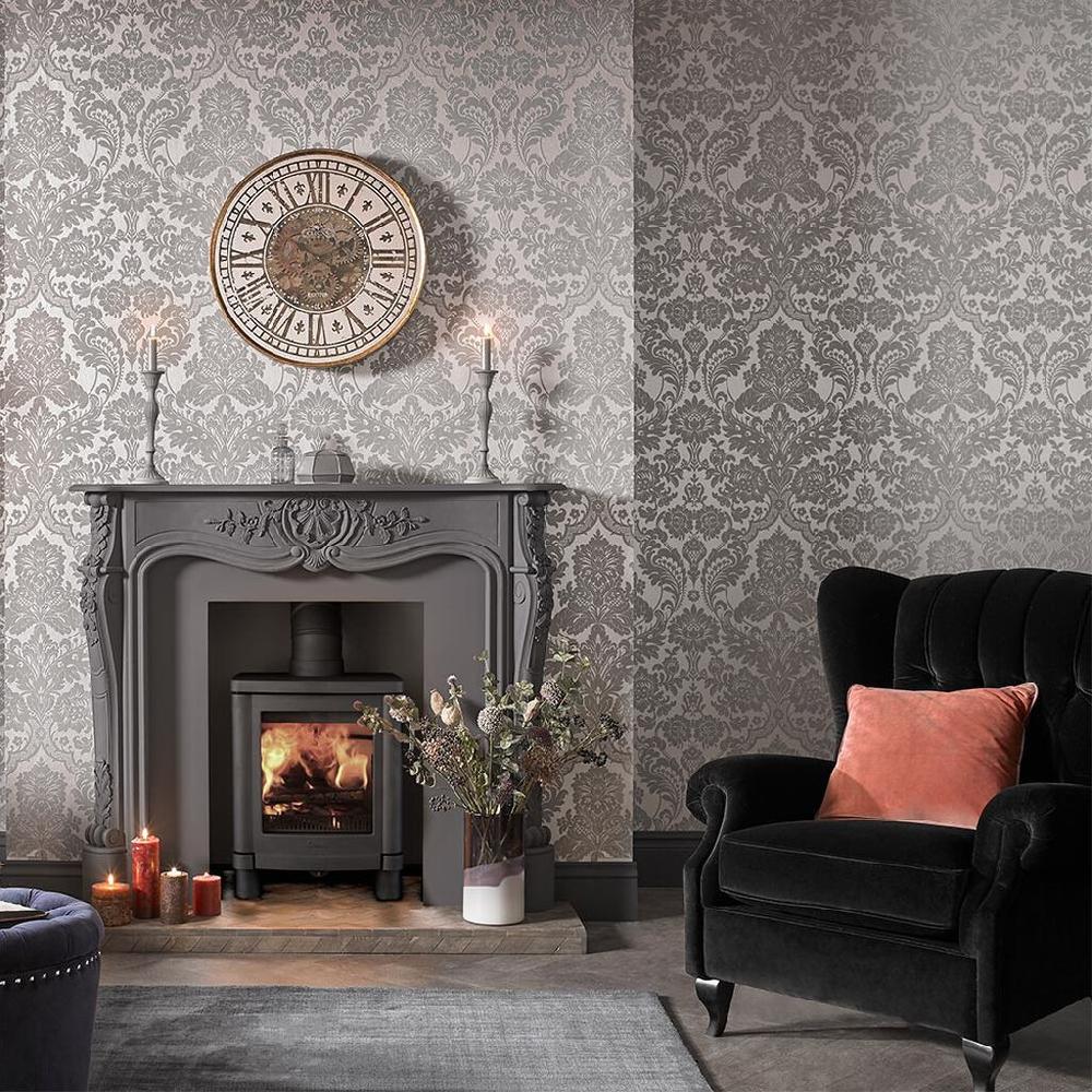 graham & brown Gothic Damask Flock Gray & Silver Wallpaper
