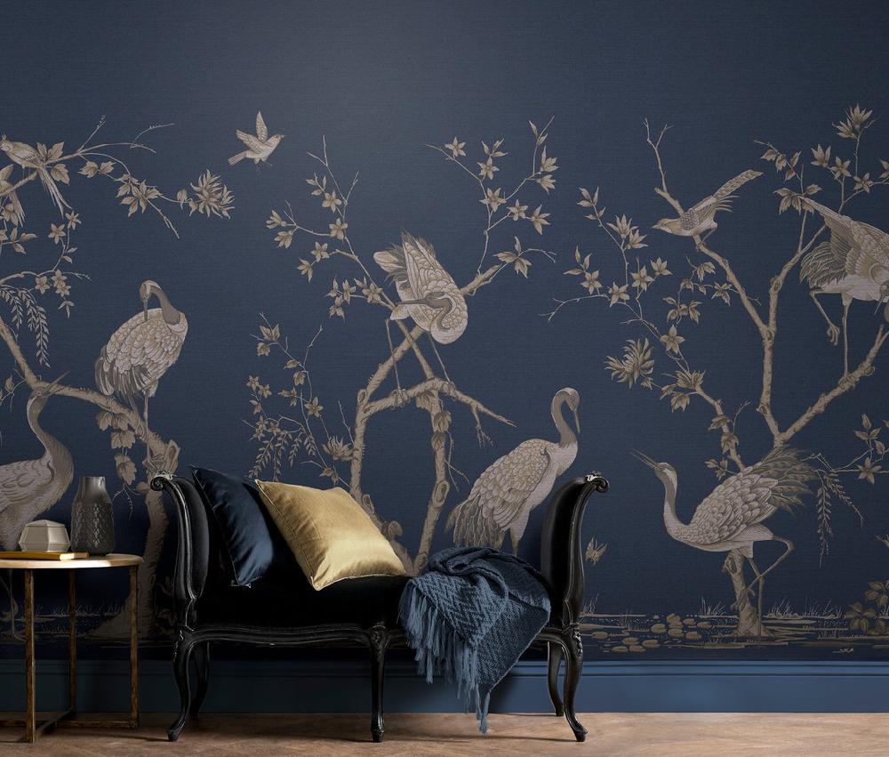 graham & brown Grazing Cranes Midnight Bespoke Mural