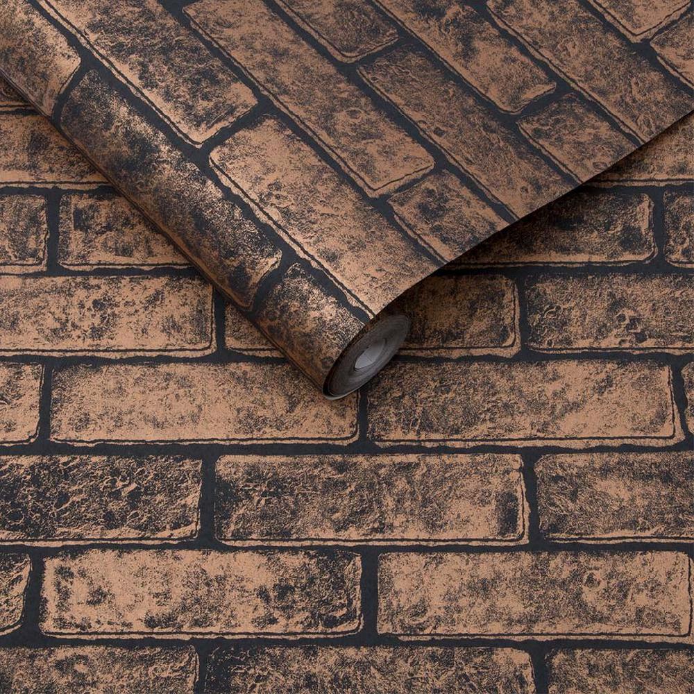 Graham & Brown Metallic Brick Bronze Black Wallpaper
