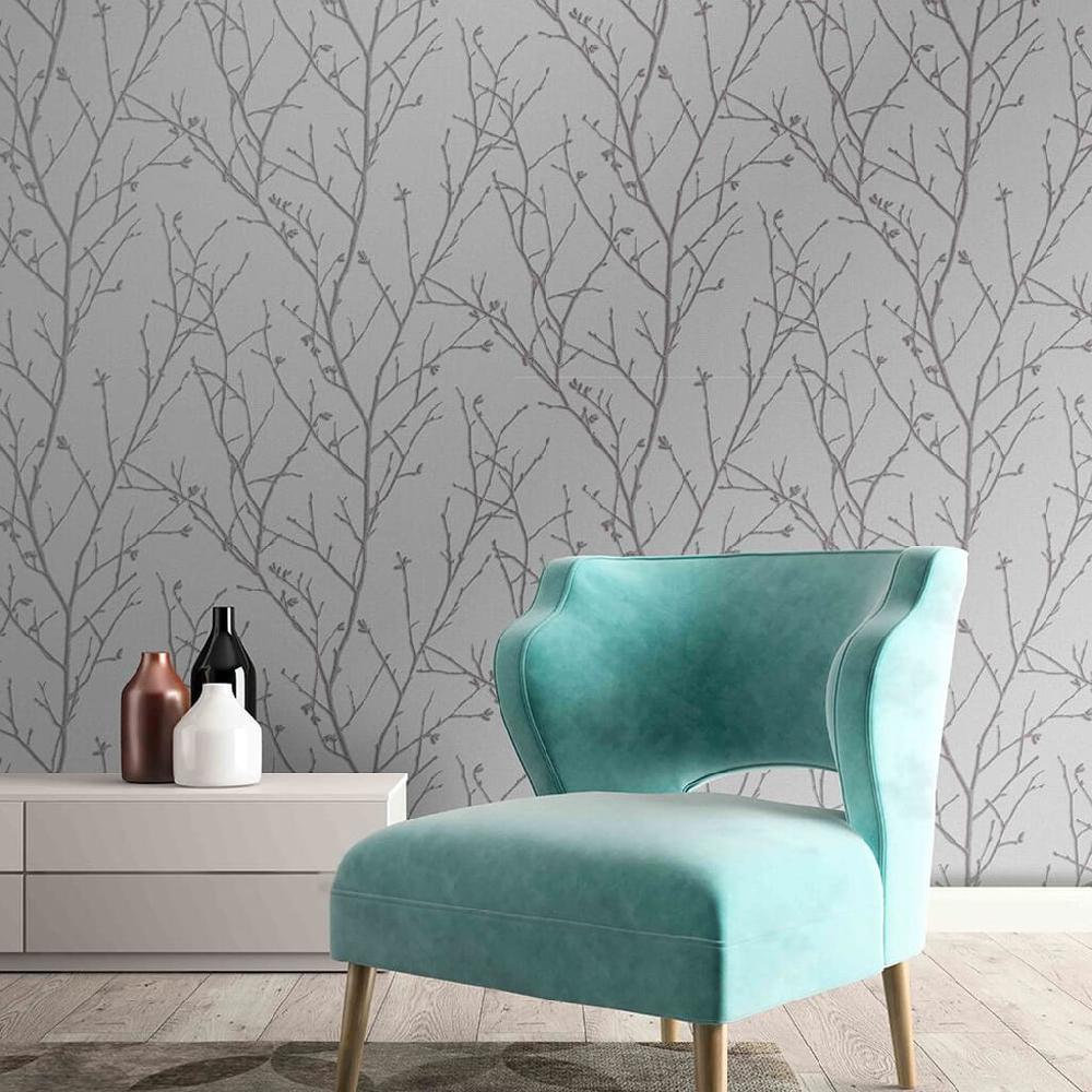 Graham & Brown Water Silk Sprig Silver Wallpaper