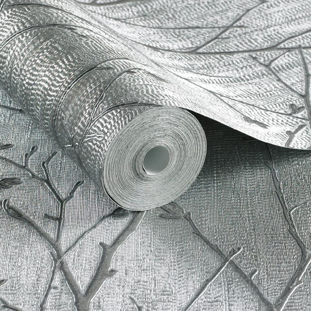 Graham & Brown Water Silk Sprig Silver Wallpaper
