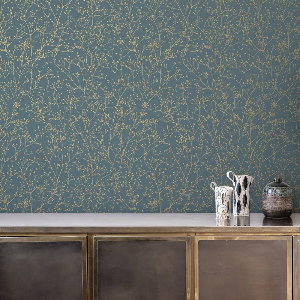 Graham & Brown Gypsophila Airforce Blue & Soft Gold Wallpaper By Clarissa Hulse