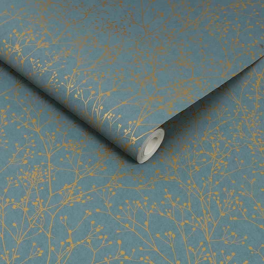 Graham & Brown Gypsophila Airforce Blue & Soft Gold Wallpaper By Clarissa Hulse