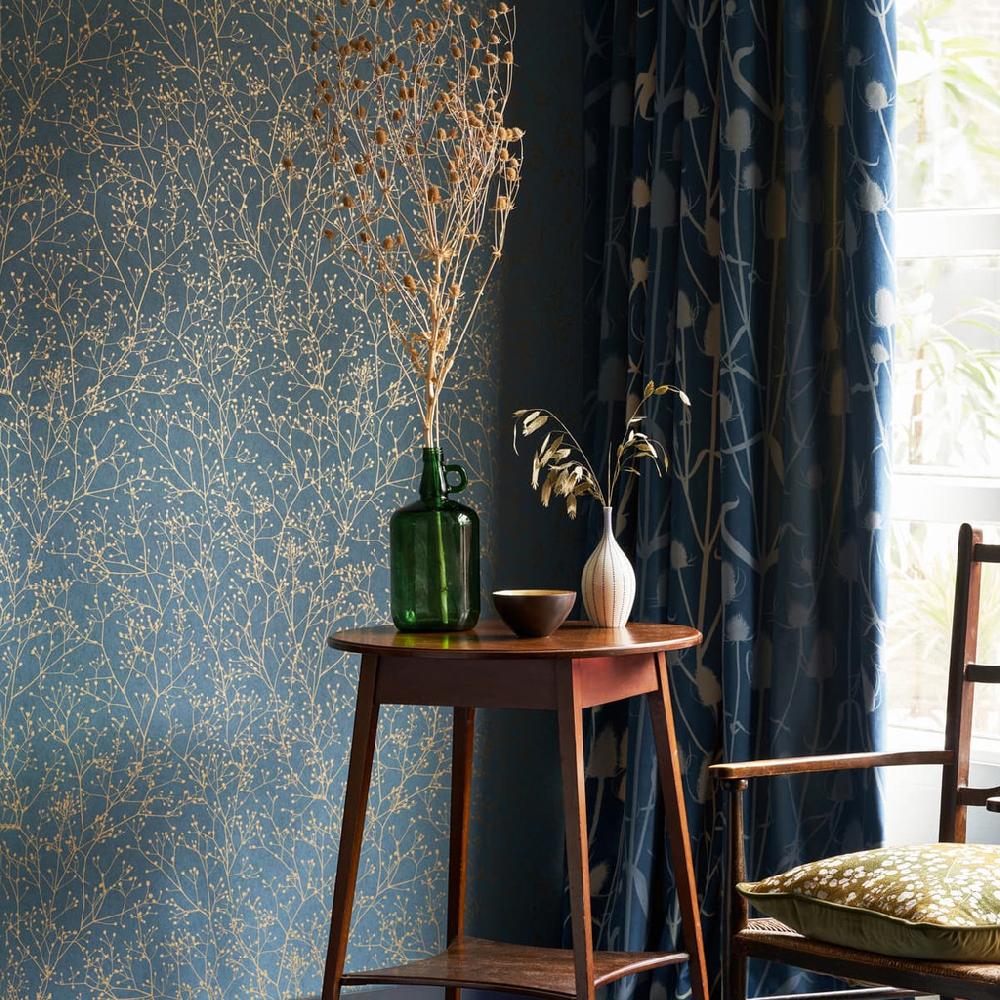 graham & brown Gypsophila Airforce Blue & Soft Gold Wallpaper by Clarissa Hulse