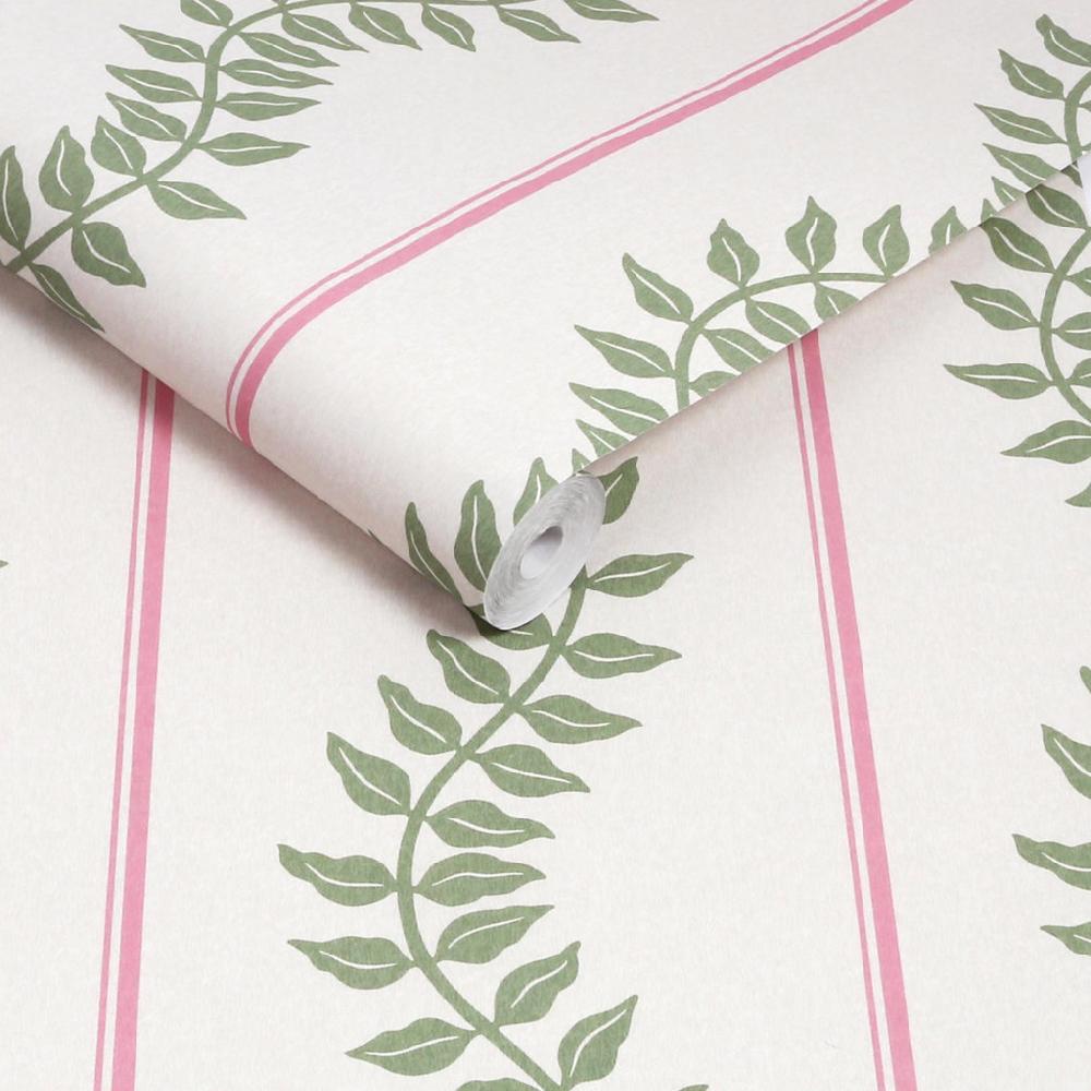 Graham & Brown Laurel Leaf Stripe Pink & Green Wallpaper