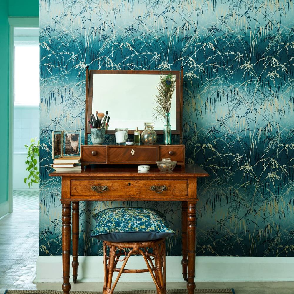 graham & brown Meadow Grass Teal & Soft Gold Wallpaper by Clarissa Hulse