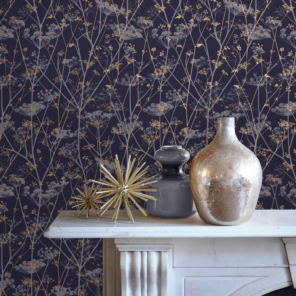 graham & brown Wild Chervil Blackberry & Gold Wallpaper by Clarissa Hulse