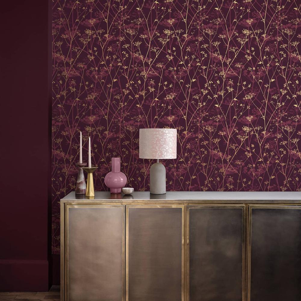 graham & brown Wild Chervil Damson & Gold Wallpaper by Clarissa Hulse