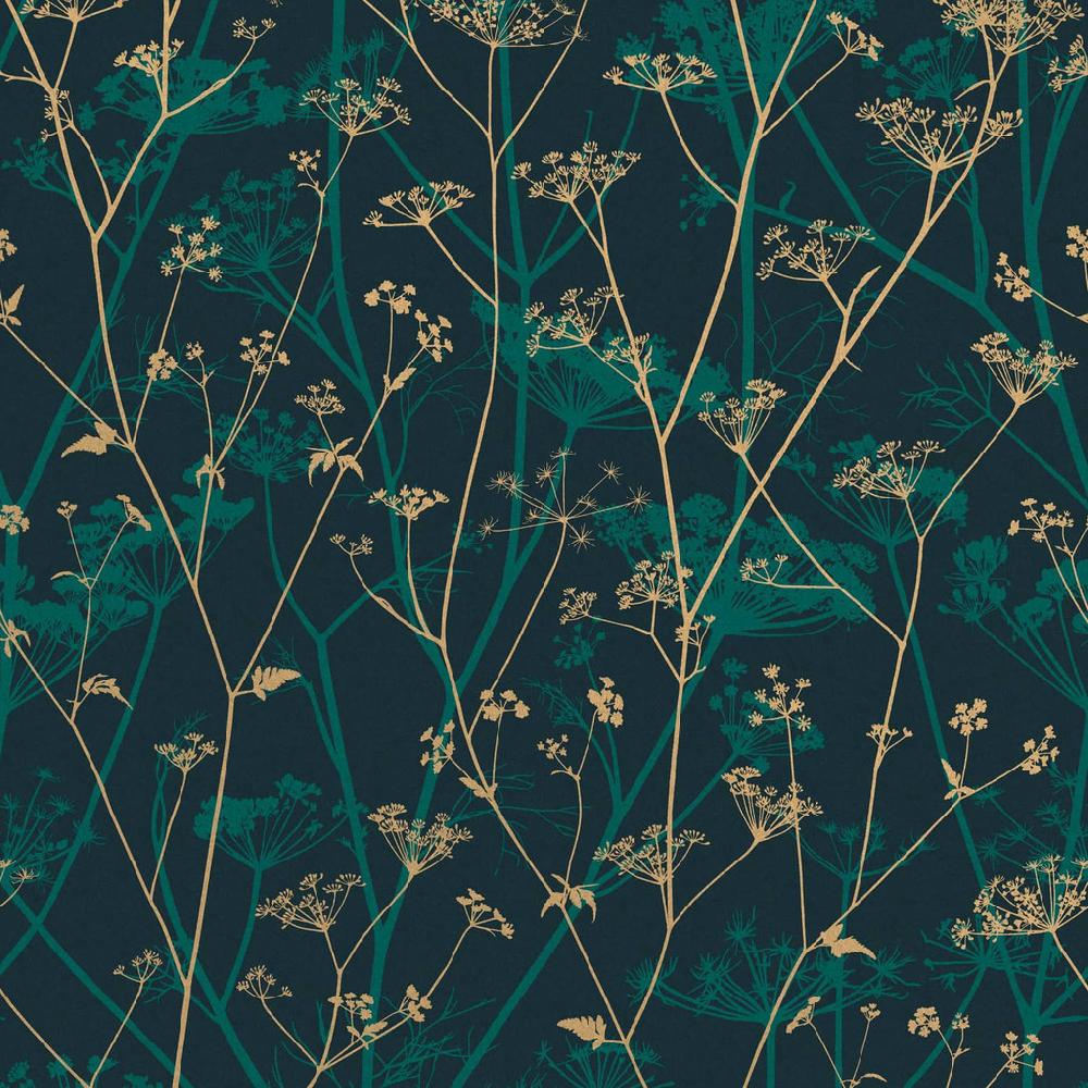 Graham & Brown Wild Chervil Kingfisher & Gold Wallpaper By Clarissa Hulse