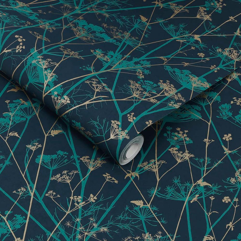 Graham & Brown Wild Chervil Kingfisher & Gold Wallpaper By Clarissa Hulse