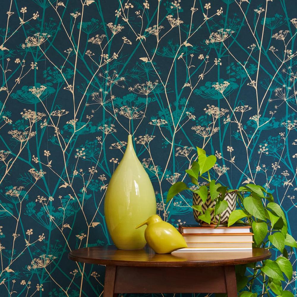 Graham & Brown Wild Chervil Kingfisher & Gold Wallpaper By Clarissa Hulse