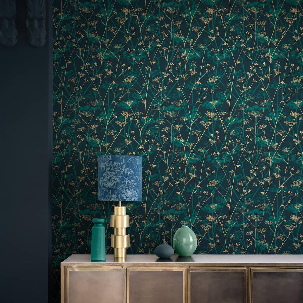 graham & brown Wild Chervil Kingfisher & Gold Wallpaper by Clarissa Hulse